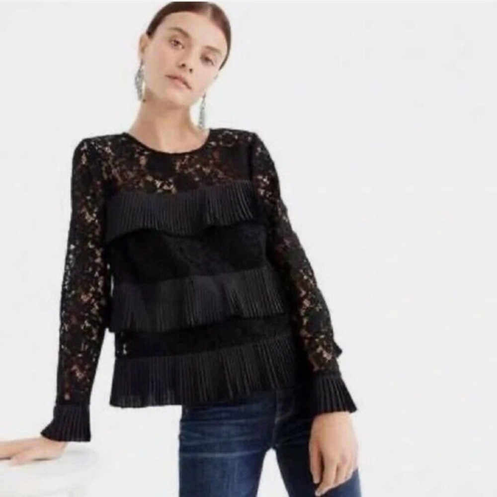 J.Crew Black Lace,‎ Ruffle Blouse Size 6 B39
